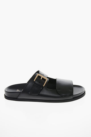Leather Slides with Gold-toned Buckle
