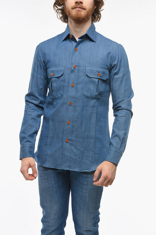Spread Collar Denim Shirt with Contrasting Buttons