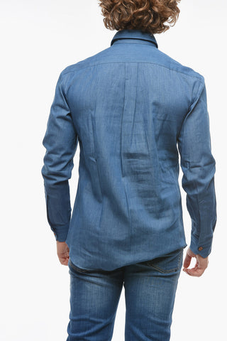 Spread Collar Denim Shirt with Contrasting Buttons