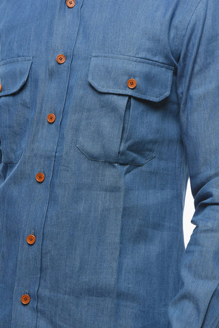 Spread Collar Denim Shirt with Contrasting Buttons