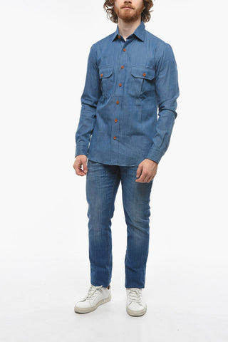 Spread Collar Denim Shirt with Contrasting Buttons