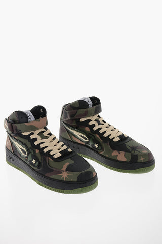 Camouflage Effect High Top Sneakers with Leather Trimmings
