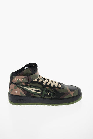 Camouflage Effect High Top Sneakers with Leather Trimmings