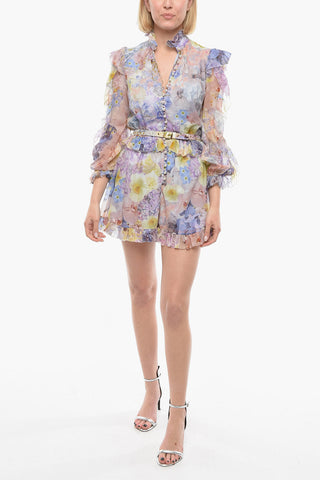 Floral Patterned Cotton and Silk Romper Suit with Ruffles and Belt