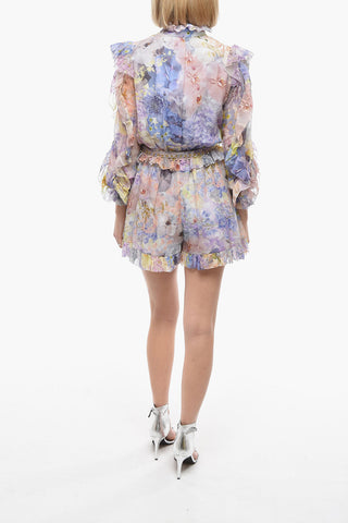 Floral Patterned Cotton and Silk Romper Suit with Ruffles and Belt