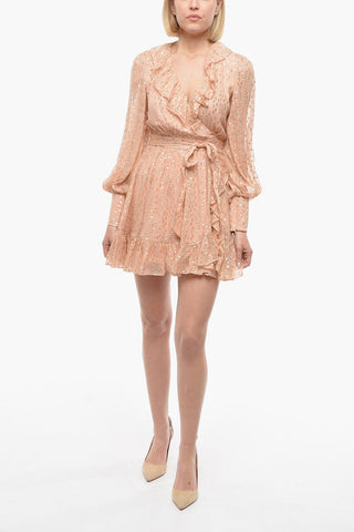 Polka Dots Lurex Silk Wrap Mini Dress with Ruffle