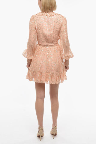 Polka Dots Lurex Silk Wrap Mini Dress with Ruffle
