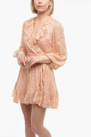 Polka Dots Lurex Silk Wrap Mini Dress with Ruffle