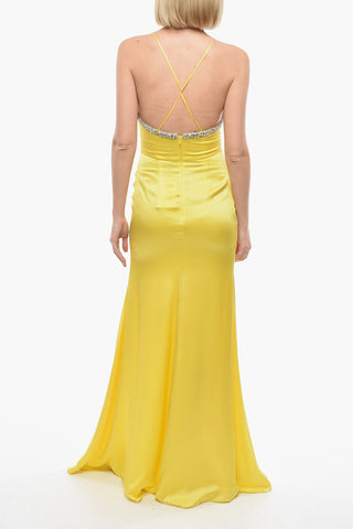 Satin Maxi Evening Dress with Jewelry Embellishment