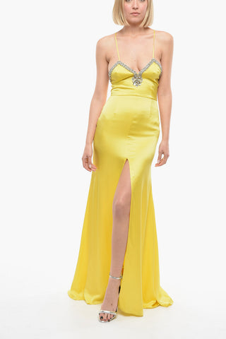 Satin Maxi Evening Dress with Jewelry Embellishment