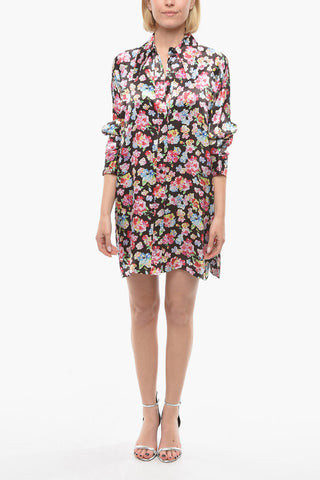 Floral-Patterned Satin Shirtdress with Maxi Collar