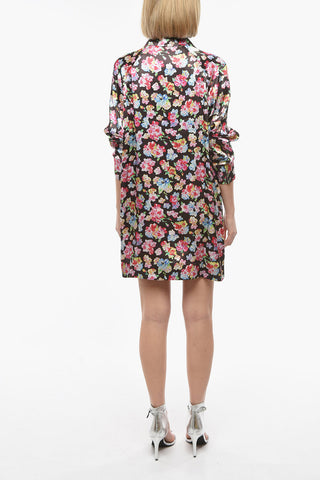 Floral-Patterned Satin Shirtdress with Maxi Collar
