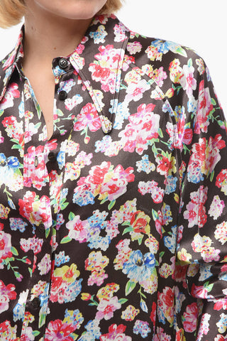 Floral-Patterned Satin Shirtdress with Maxi Collar