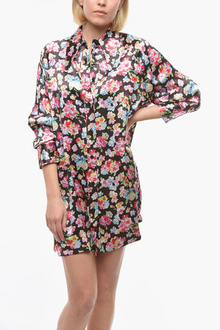 Floral-Patterned Satin Shirtdress with Maxi Collar
