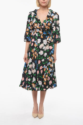 Floral-Motif Wrap Dress with Ruffled Details