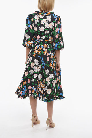 Floral-Motif Wrap Dress with Ruffled Details