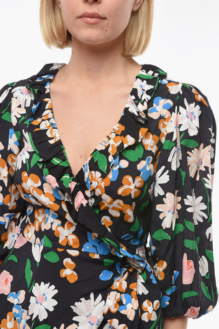 Floral-Motif Wrap Dress with Ruffled Details