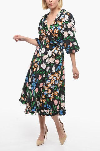 Floral-Motif Wrap Dress with Ruffled Details