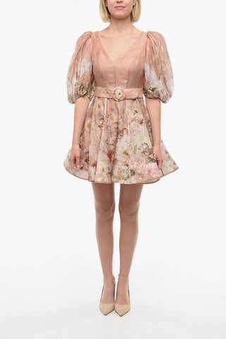 Floral-Motif DANCER Mini Dress With Puff-Sleeve and Belt