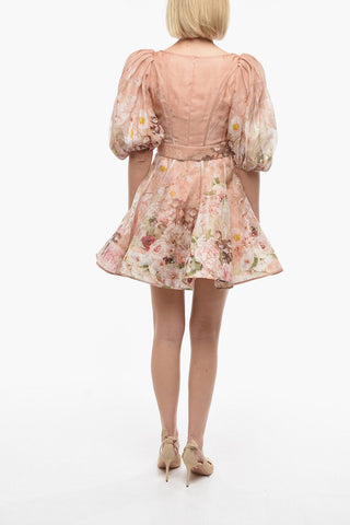 Floral-Motif DANCER Mini Dress With Puff-Sleeve and Belt
