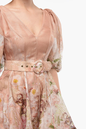 Floral-Motif DANCER Mini Dress With Puff-Sleeve and Belt