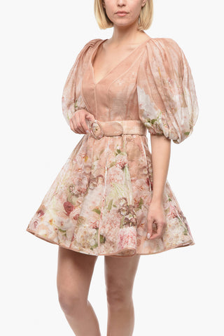 Floral-Motif DANCER Mini Dress With Puff-Sleeve and Belt