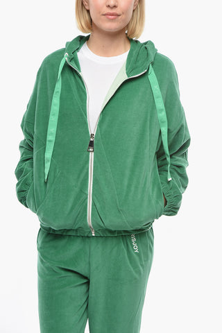 Velour Zip-up Hoodie with Logoed Drawstrings