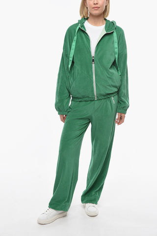Velour Zip-up Hoodie with Logoed Drawstrings