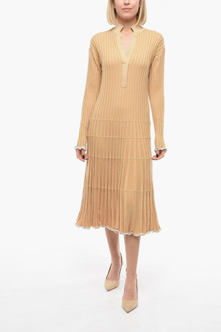 V Neck Ribbed Silk Blend Dress