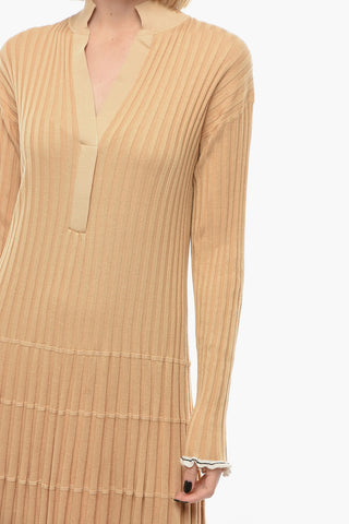 V Neck Ribbed Silk Blend Dress