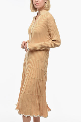 V Neck Ribbed Silk Blend Dress