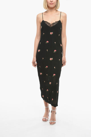 Floral Patterned Knitted Sheath Dress with Lace Detail