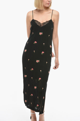 Floral Patterned Knitted Sheath Dress with Lace Detail