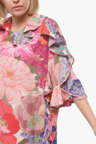 Vestito in Misto Seta Florale con Volant