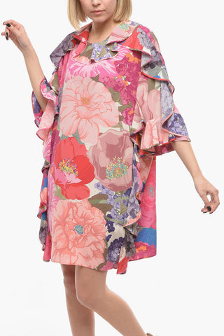 Vestito in Misto Seta Florale con Volant