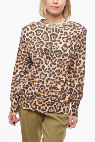 Crew Neck Animal Patterned Angora Blend Sweater
