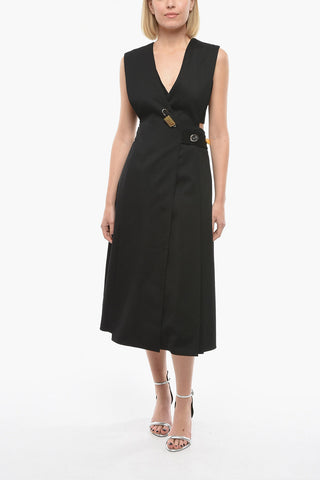 Wool-twill V-neck Wrap-around Dress with Stone-embellishments