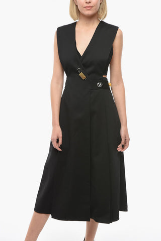 Wool-twill V-neck Wrap-around Dress with Stone-embellishments