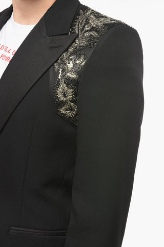 Wool Overcoat with Sequined Decoration and Peak Lapels