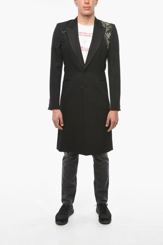 Wool Overcoat with Sequined Decoration and Peak Lapels