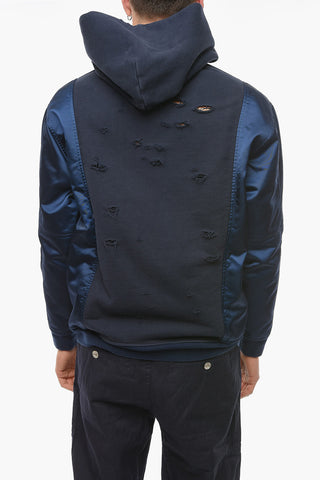 Distressed Hoodie Sweatshirt with Contrasting Fabrics