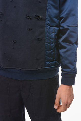 Distressed Hoodie Sweatshirt with Contrasting Fabrics