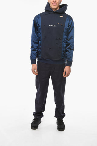 Distressed Hoodie Sweatshirt with Contrasting Fabrics
