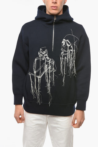 Half Zipped Knitted Hoodie with Fringed Embroidery