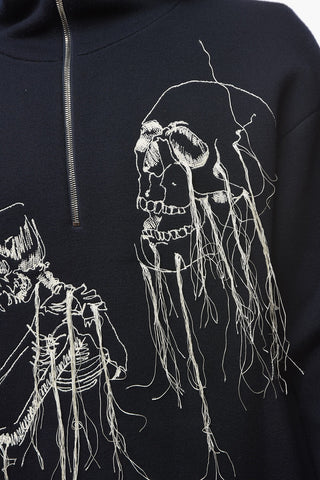 Half Zipped Knitted Hoodie with Fringed Embroidery