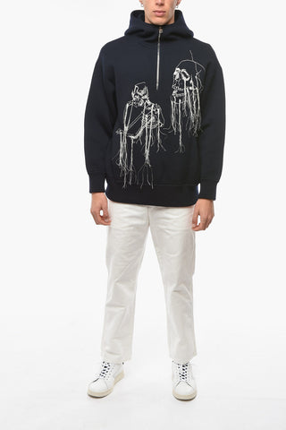 Half Zipped Knitted Hoodie with Fringed Embroidery