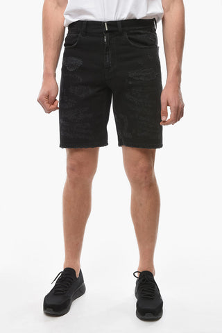 Distressed Denim Shorts with Metal Logoed Application
