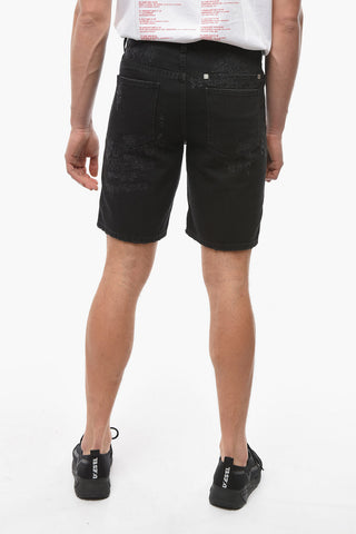 Distressed Denim Shorts with Metal Logoed Application