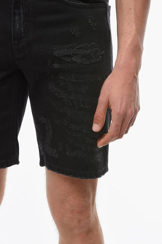 Distressed Denim Shorts with Metal Logoed Application