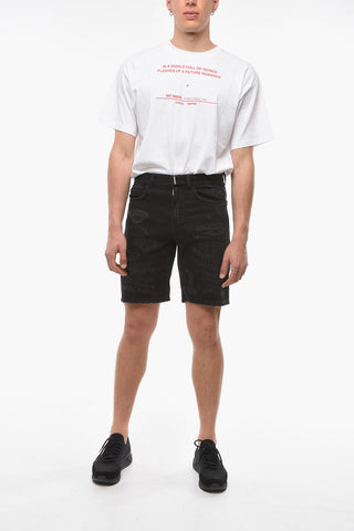 Distressed Denim Shorts with Metal Logoed Application